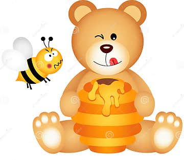 Teddy Bear Eats Honey and Bee Angry Stock Vector - Illustration of ...