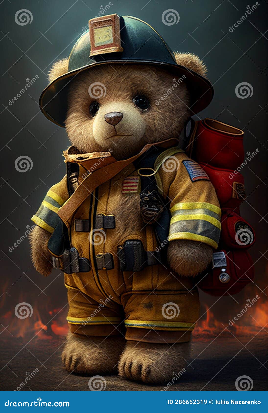 Teddy Bear in Firefighter Uniform. AI Generated Stock Illustration