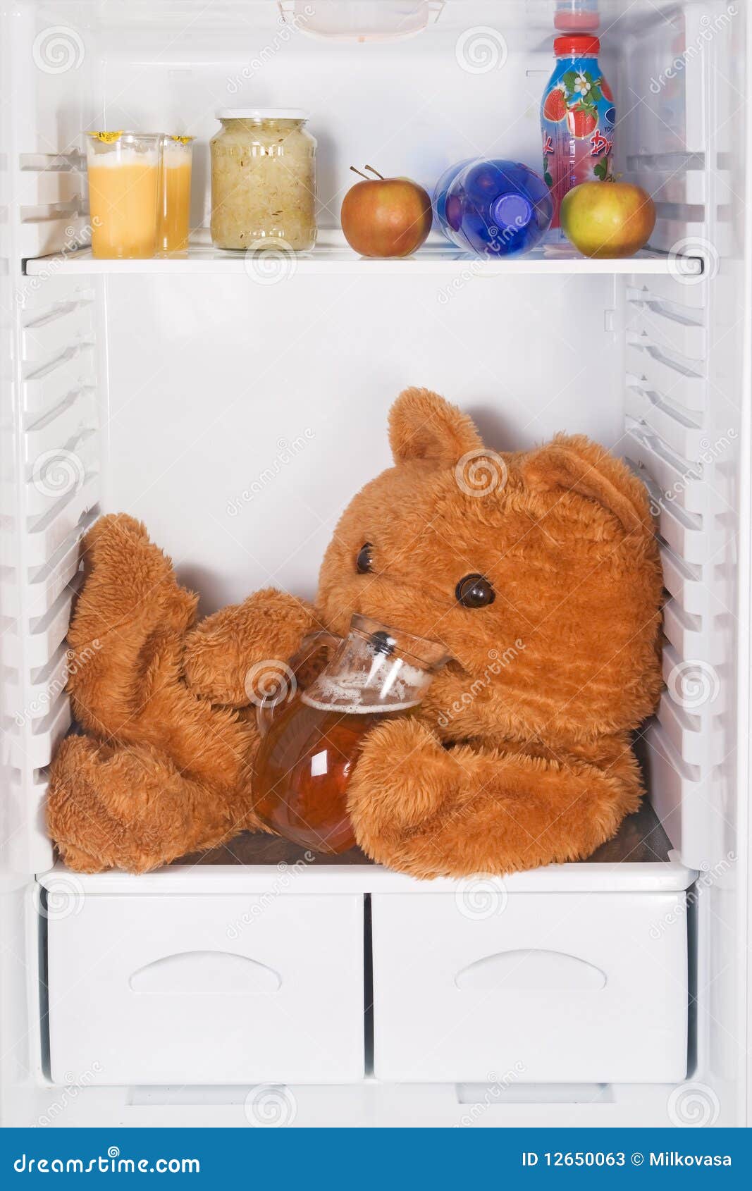 Teddy bear in the fridge stock image. Image of pure, shelves 12650063