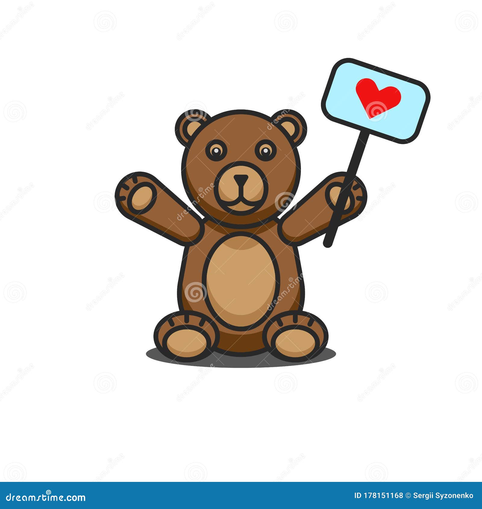Teddy Bear Funny Cartoon Character Sitting With Raised Paws And A Sign