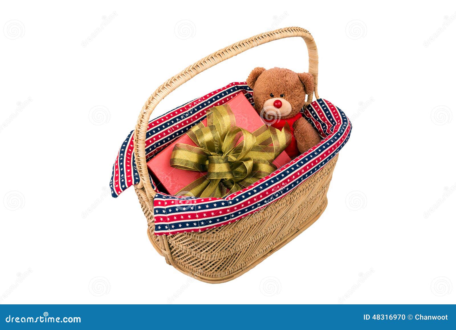 Teddy Bear with Gift Box in Basket Stock Photo Image of gift, basket