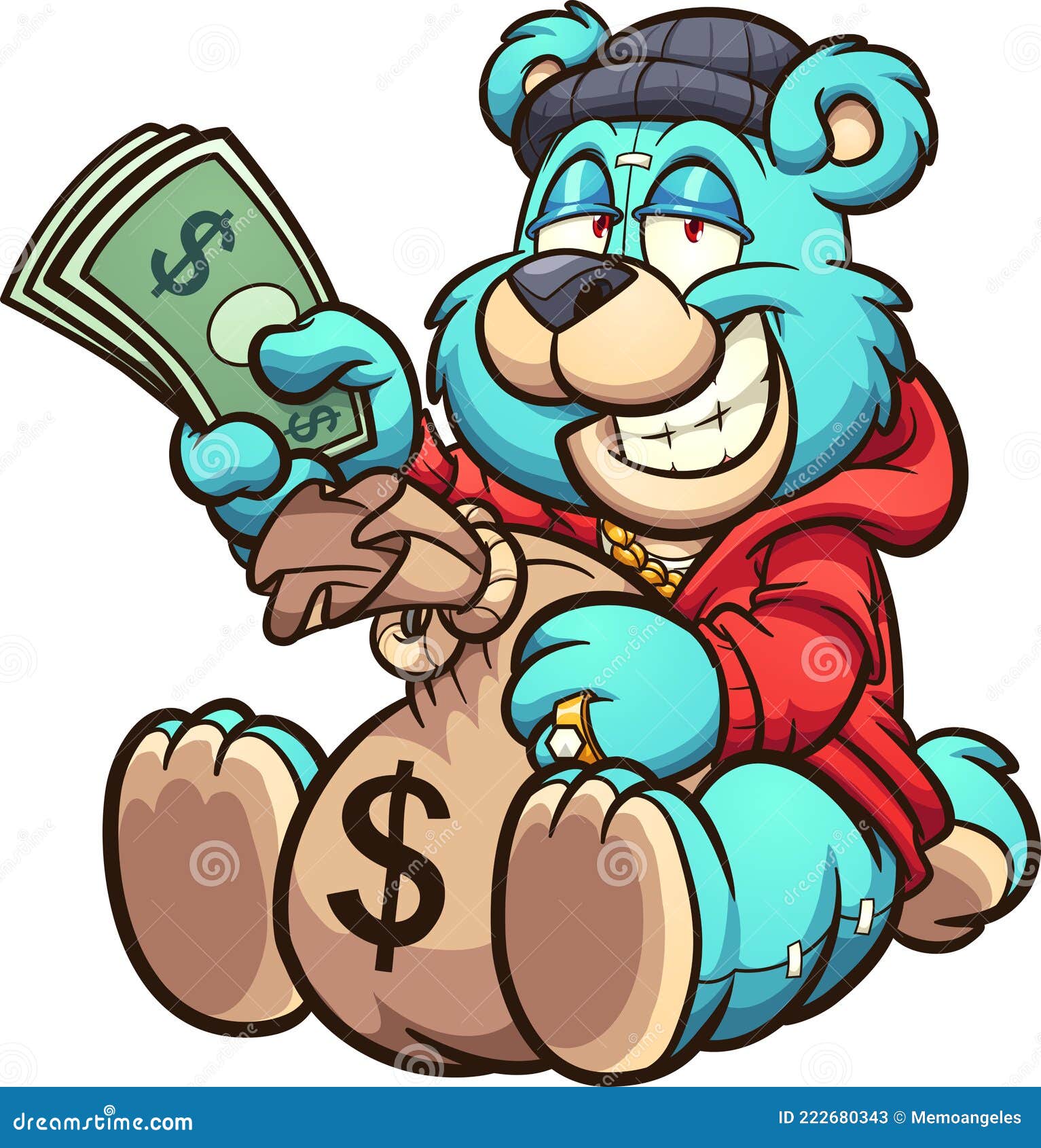 teddy bear holding a big bag of money and some bills.