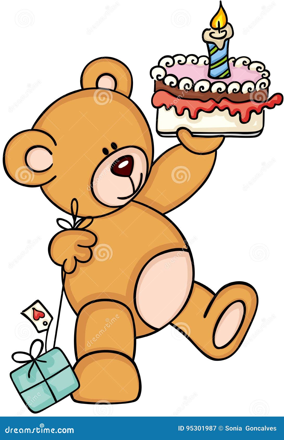 Teddy Bear Holding Birthday Cake And Gift Stock Vector