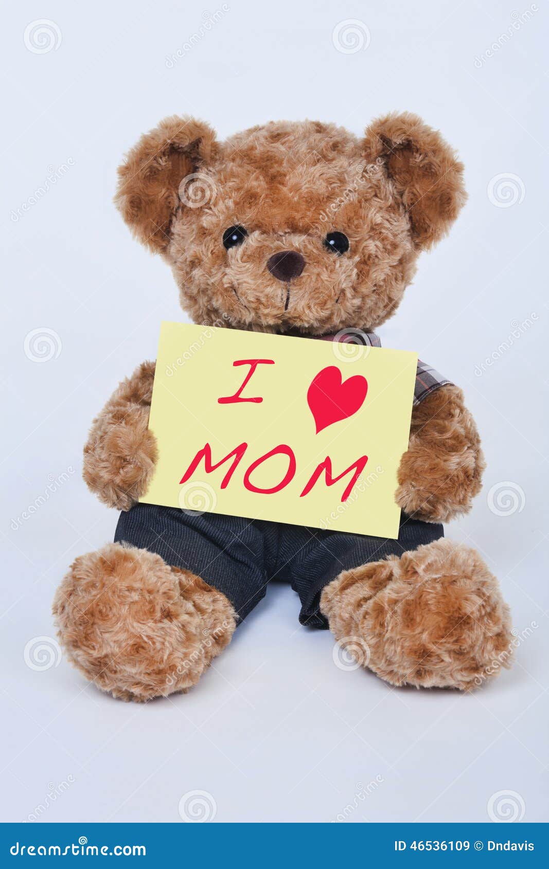 Teddy Bear Holding A Yellow Sign That Says I Love Mom Isolated On White Background Stock Image