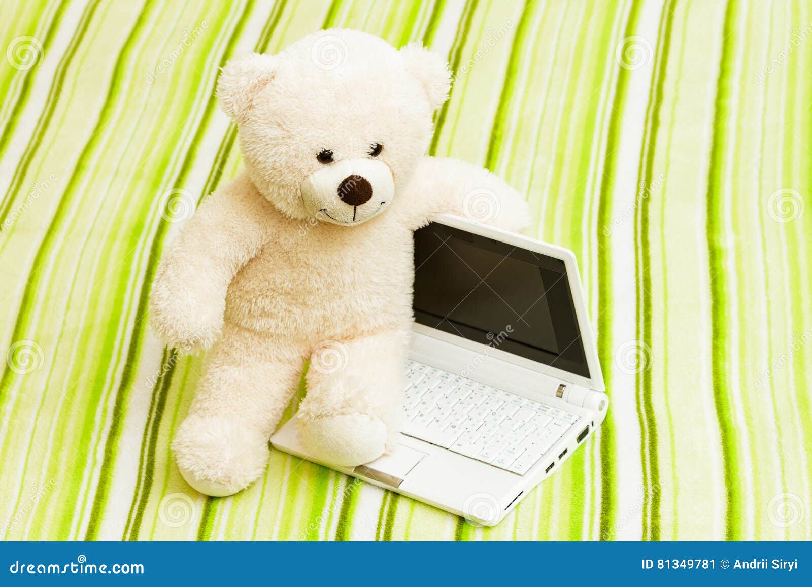 Teddy bear with a laptop. stock image. Image of modern 81349781