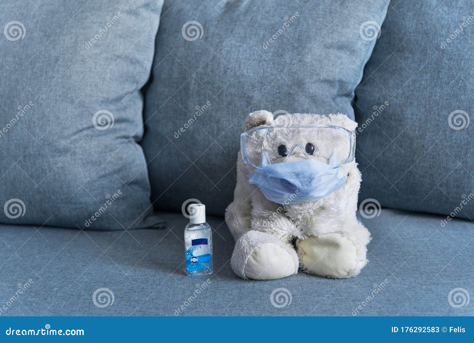 Teddy Bear in Mask and Glasses with Hand Sanitizer Stock Image ...