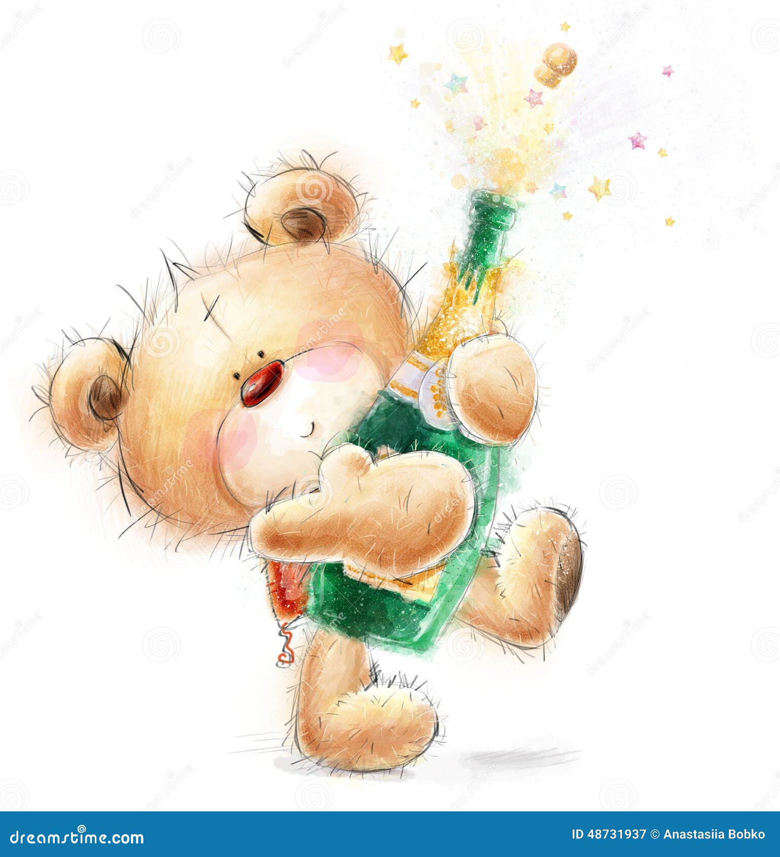 Teddy Bear Mignon Avec La Bouteille De Champagne En Gros Plan Invitation De Partie Carte De Voeux De Joyeux Anniversaire Illustration Stock Illustration Du Boisson Salutation