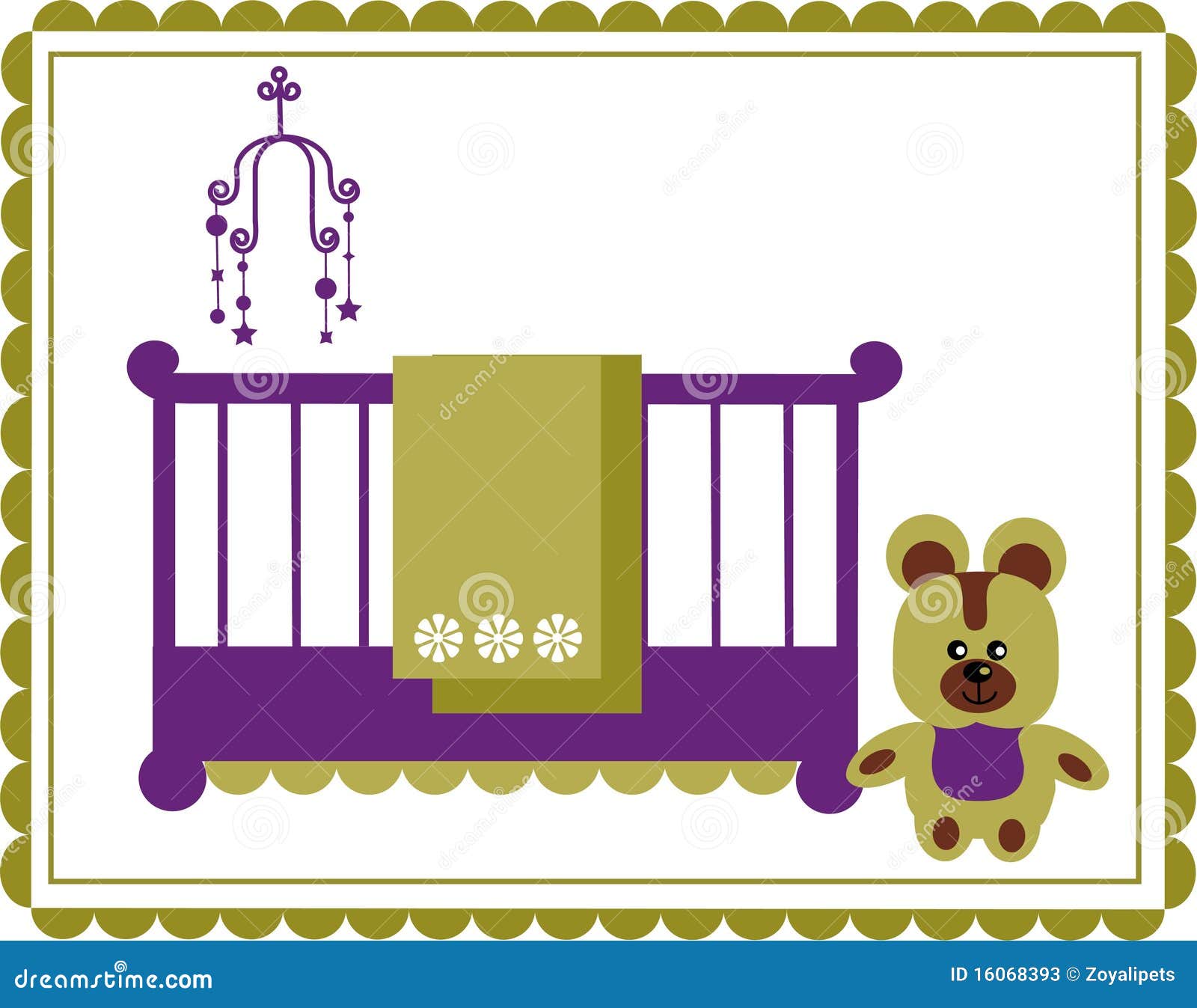 Teddy Bear Next To Baby Cradle and Mobile Stock Illustration