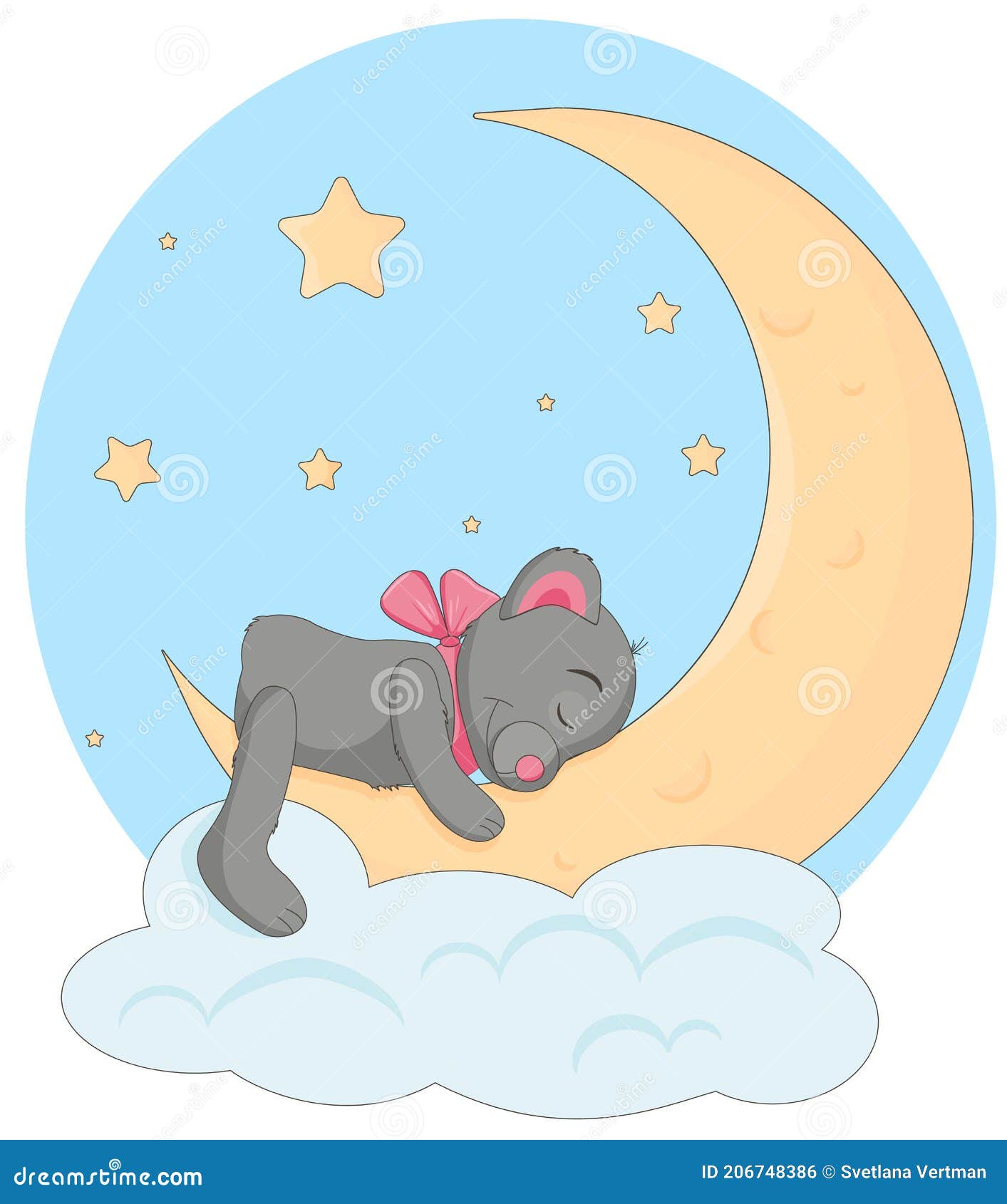 Teddy Bear With A Pink Bow Sleeps On The Moon And A Soft Cloud Stock