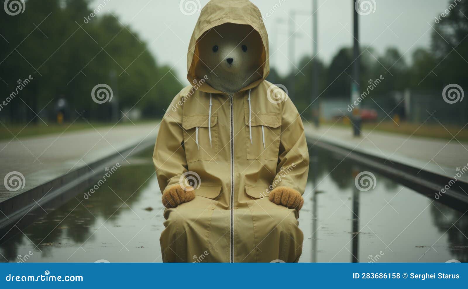 A Teddy Bear in a Raincoat Sitting on a Puddle of Water. Generative AI