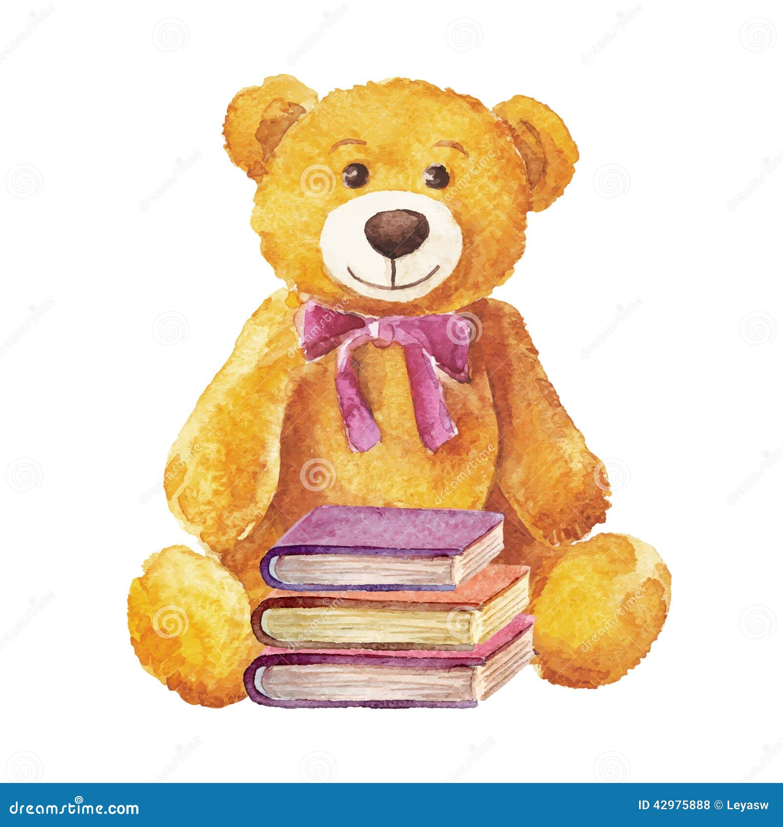 Teddy Bear Sitting with Books. Watercolor Stock Vector Illustration