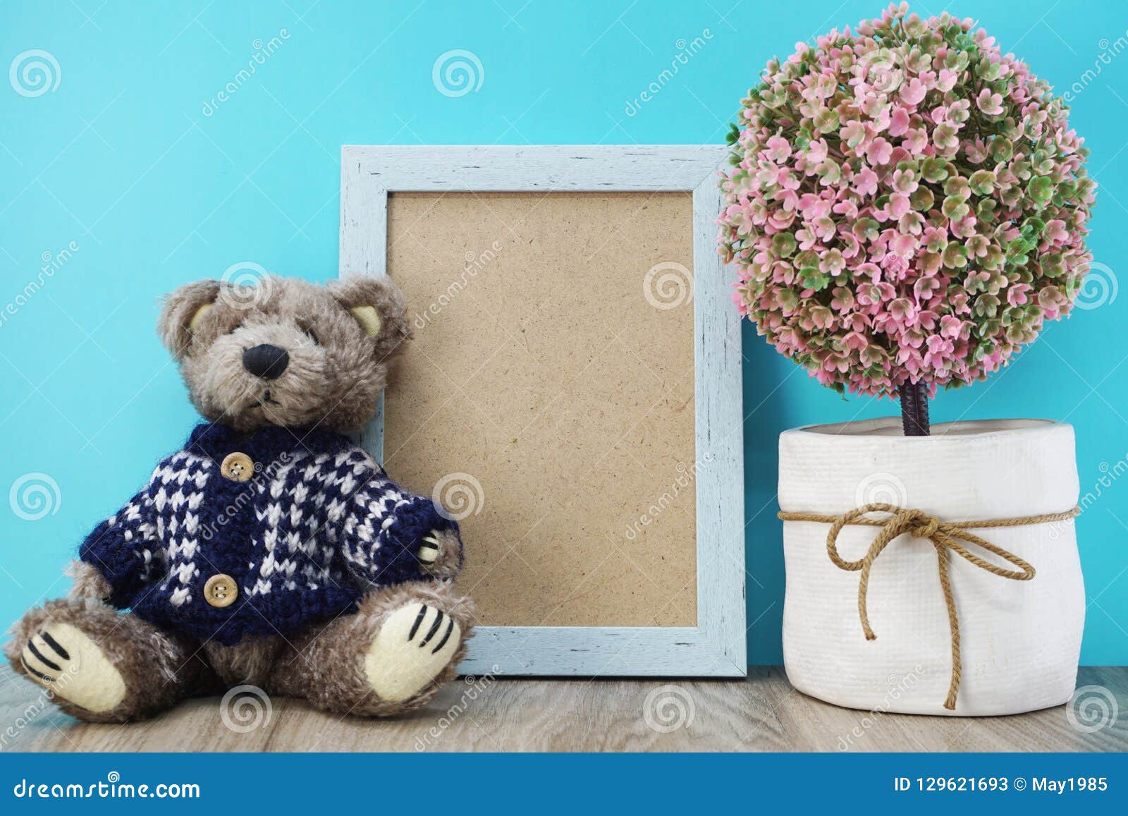 Teddy Bear and Space Photo Frame with Artificial Plant Home Decoration
