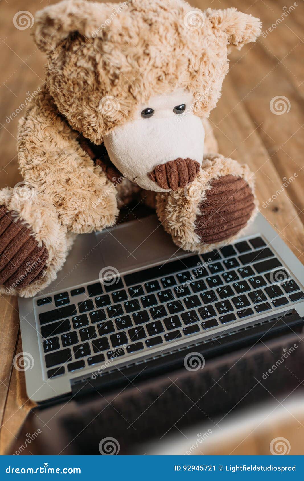 Teddy bear toy and laptop stock image. Image of home 92945721