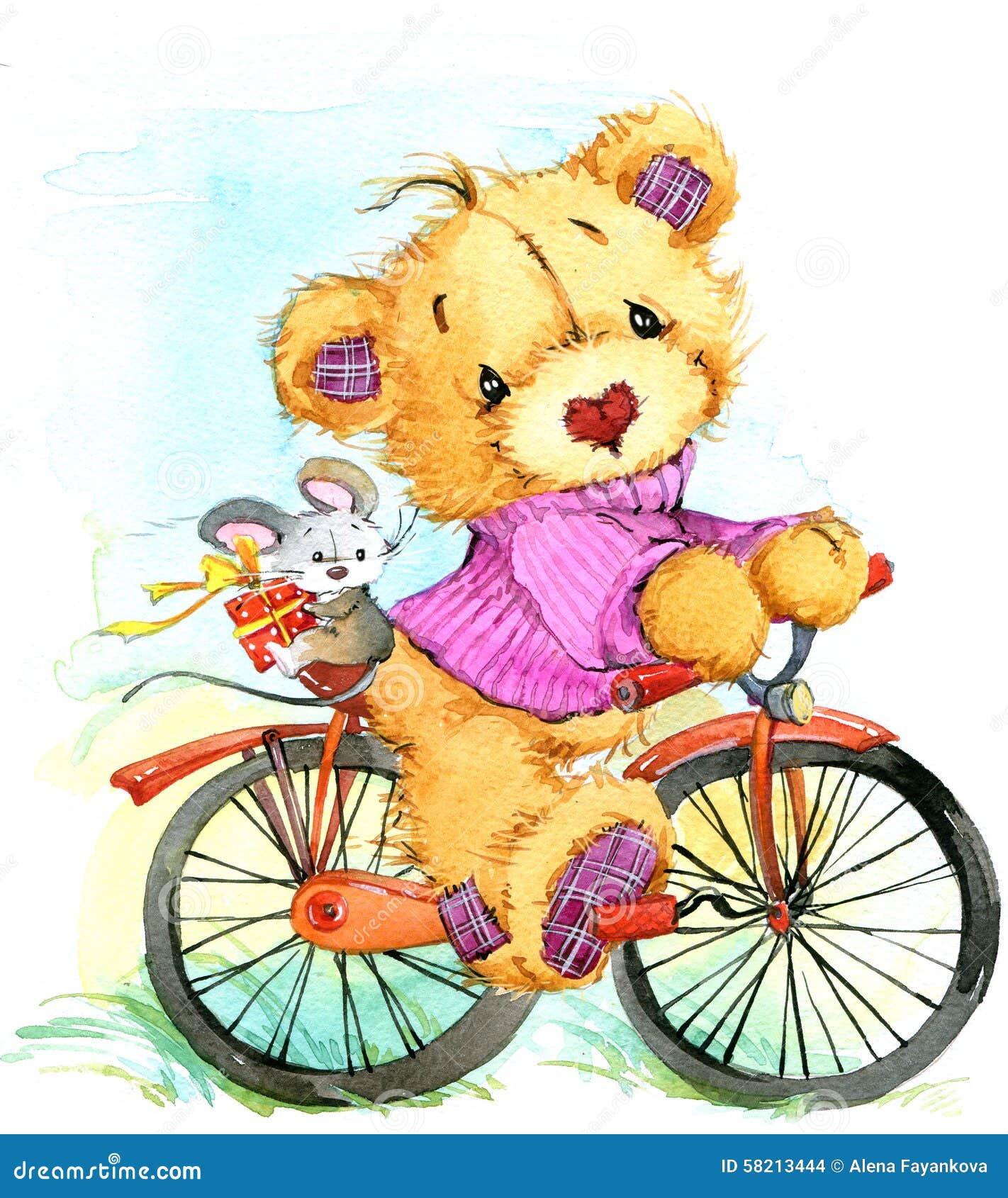 Teddy Bear Travel And Bicycle. Watercolor Illustration | CartoonDealer ...