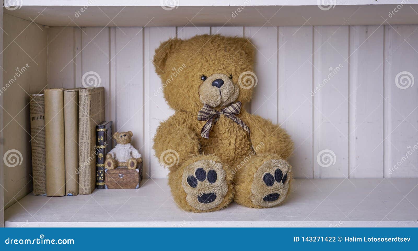 Teddy bear is on the shelf