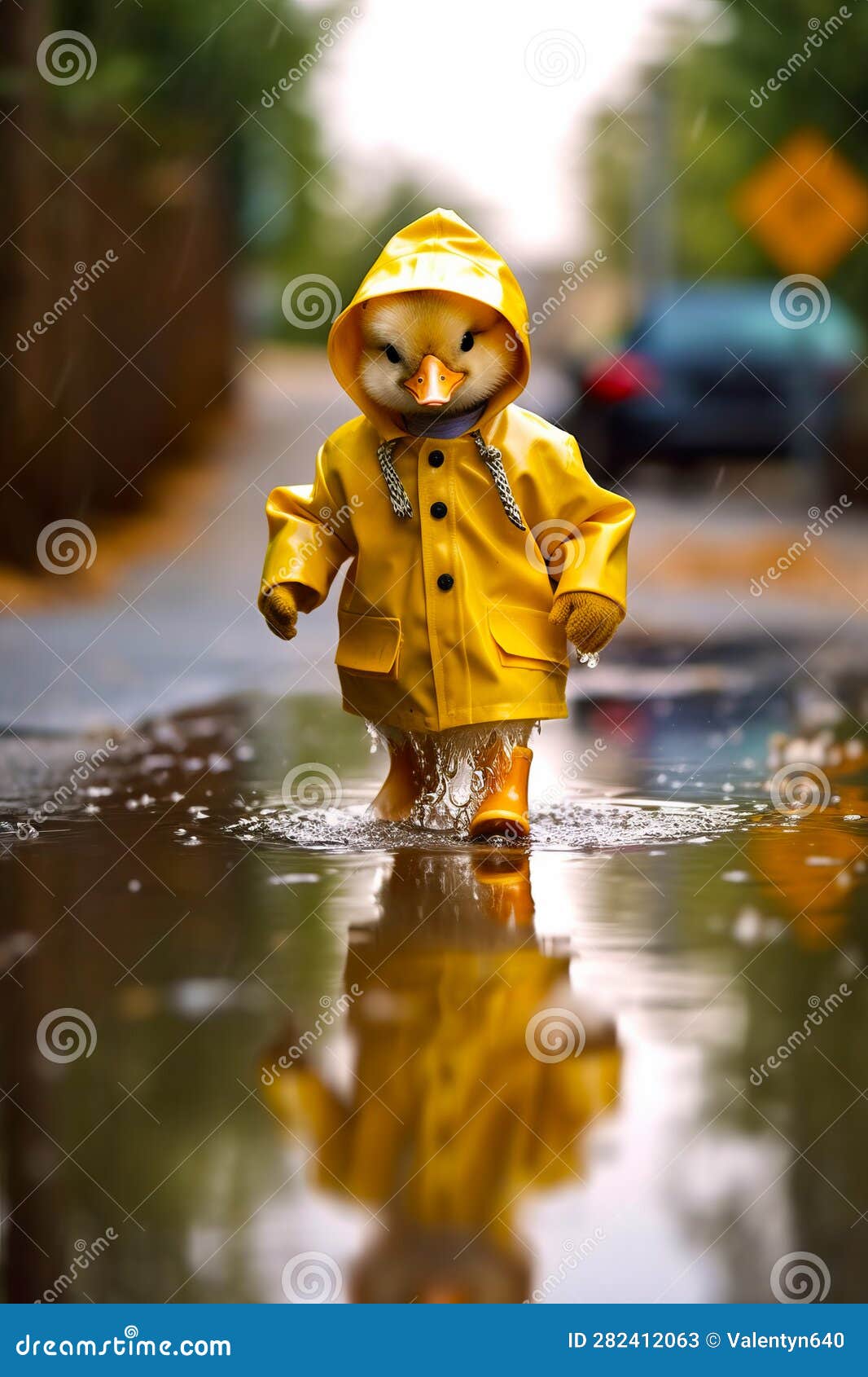Teddy Bear in Yellow Raincoat Walking through Puddle of Water