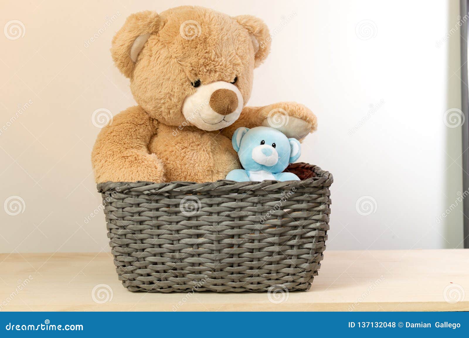Brown a Blue Teddy Bears in a Basket. Stock Photo Image of gift