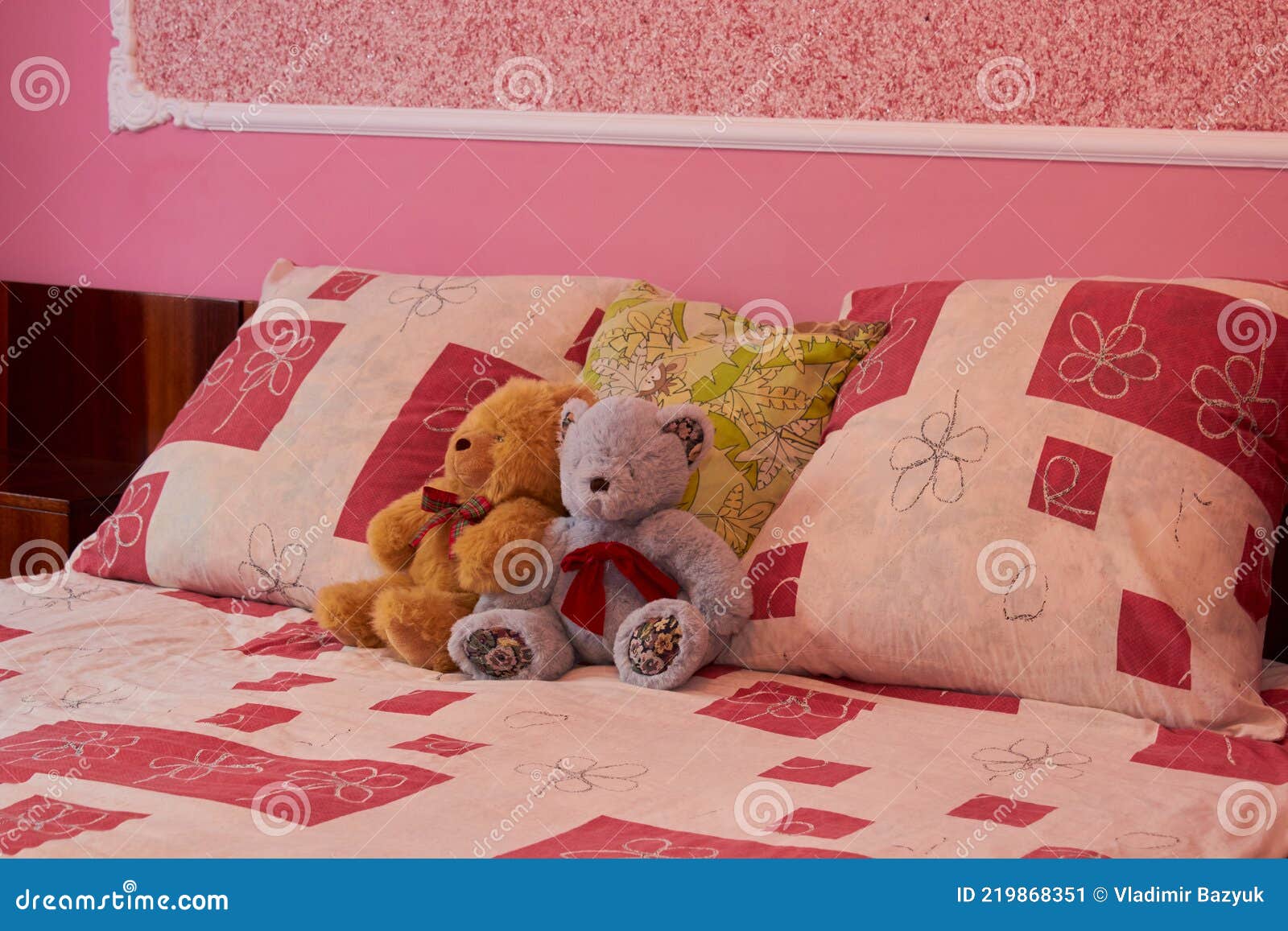 Teddy Bears on the Bed,a Pair of Teddy Bears on an Old Bed Lying Stock