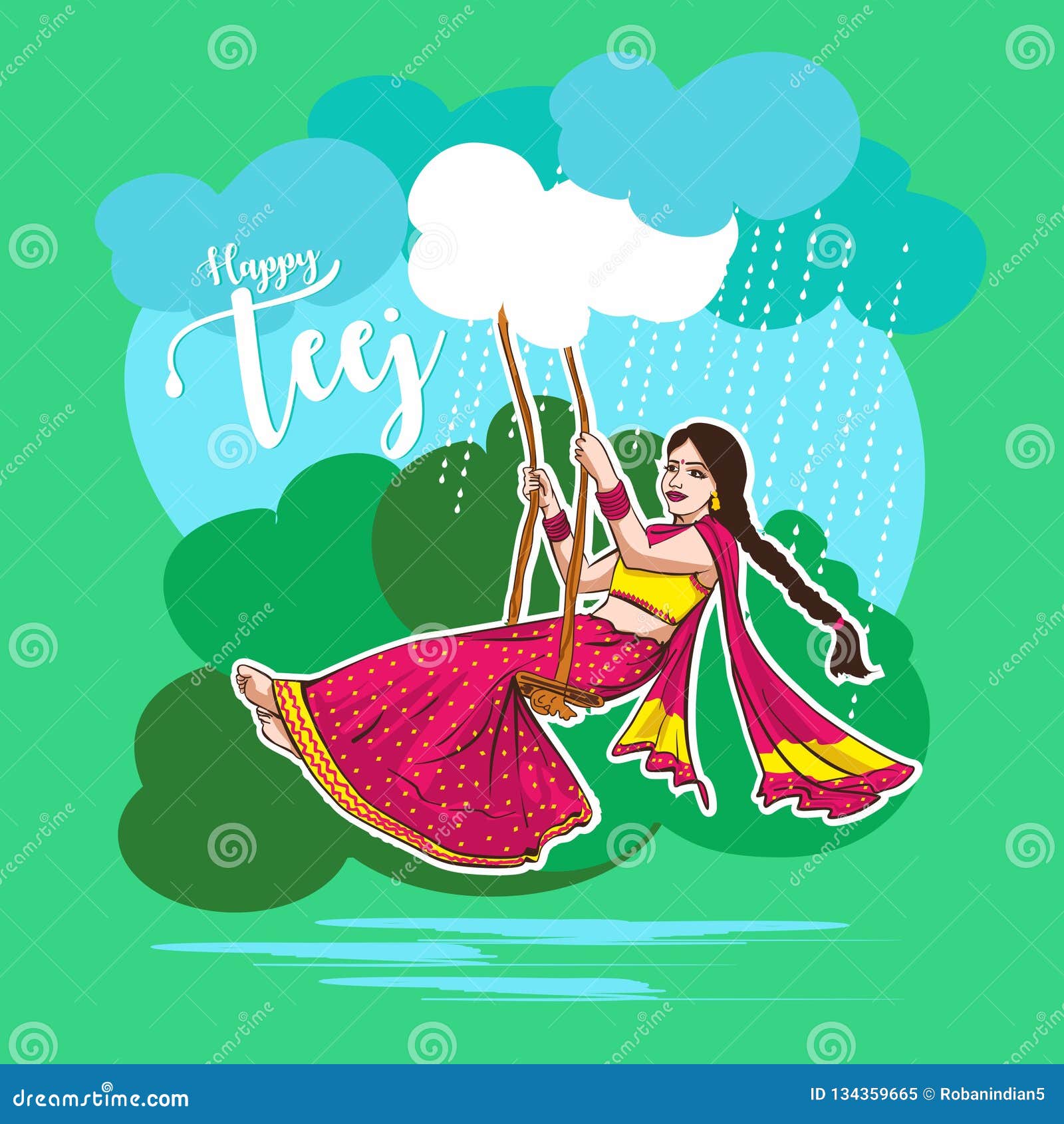 Woman swing illustration, teej festival in india. posters for the wall •  posters fashion, cloud, character | myloview.com