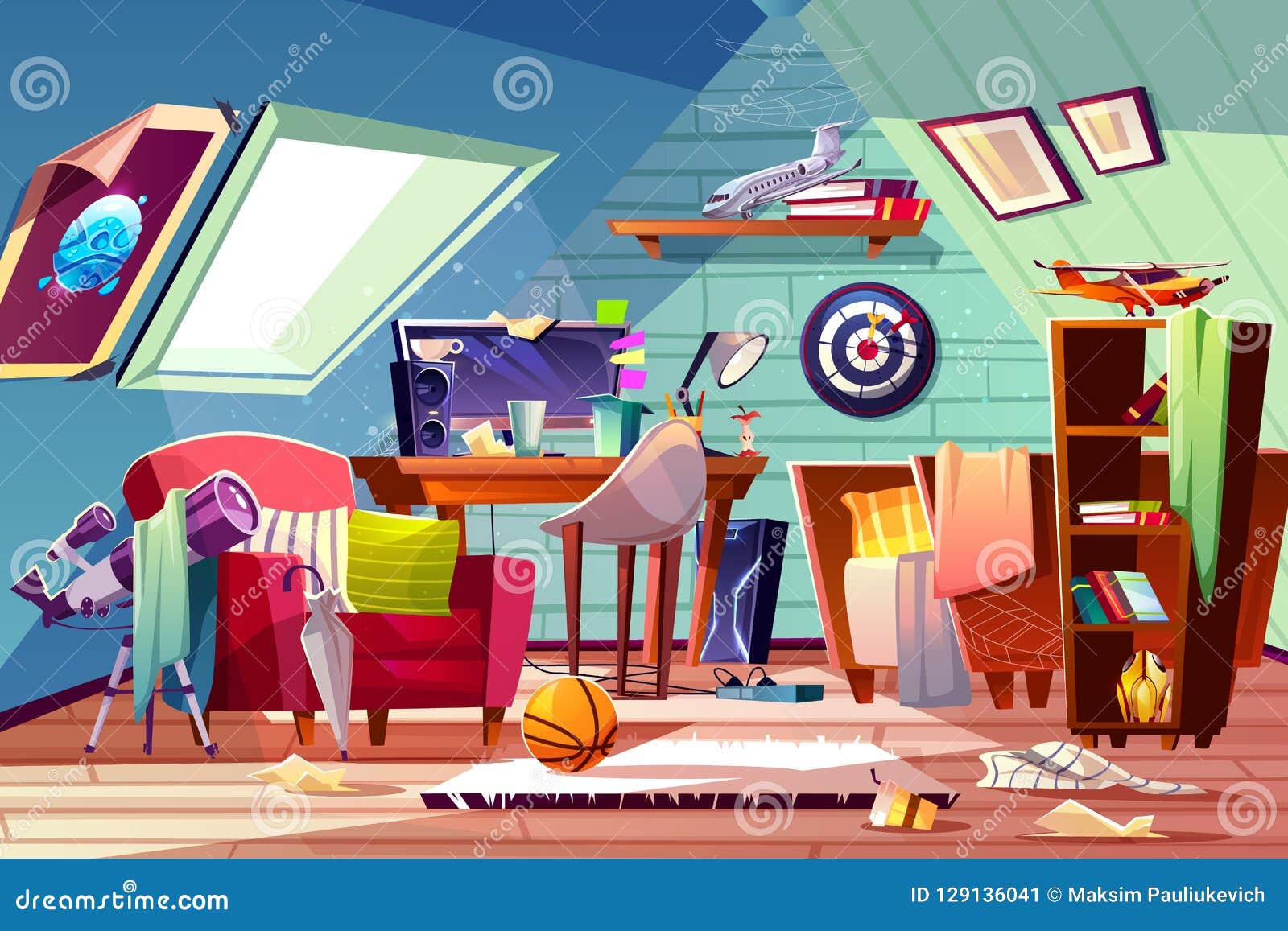 teen boy messy attic room interior cartoon 