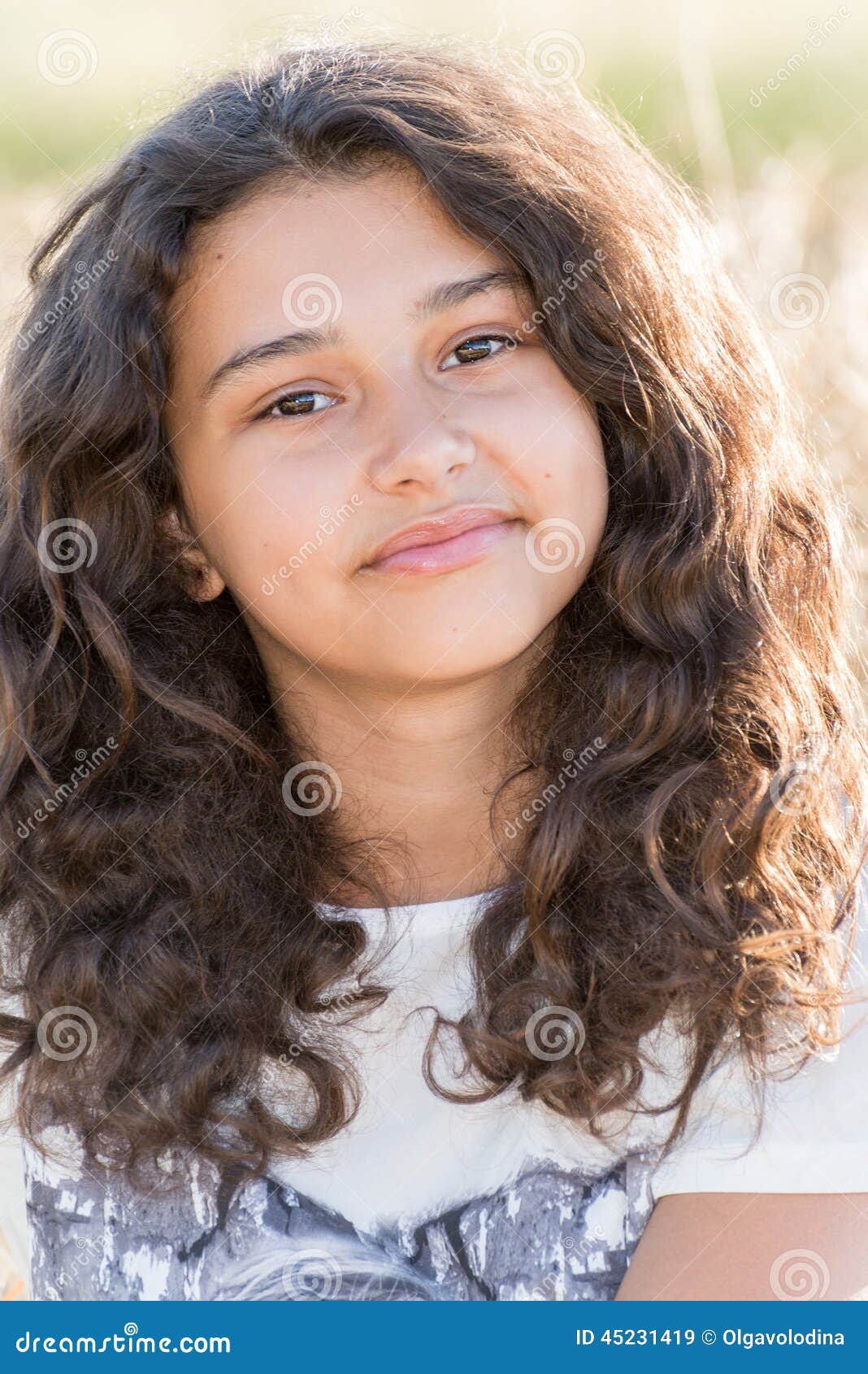 Teen Girl With Curly Dark Hair On Nature Stock Image Imag