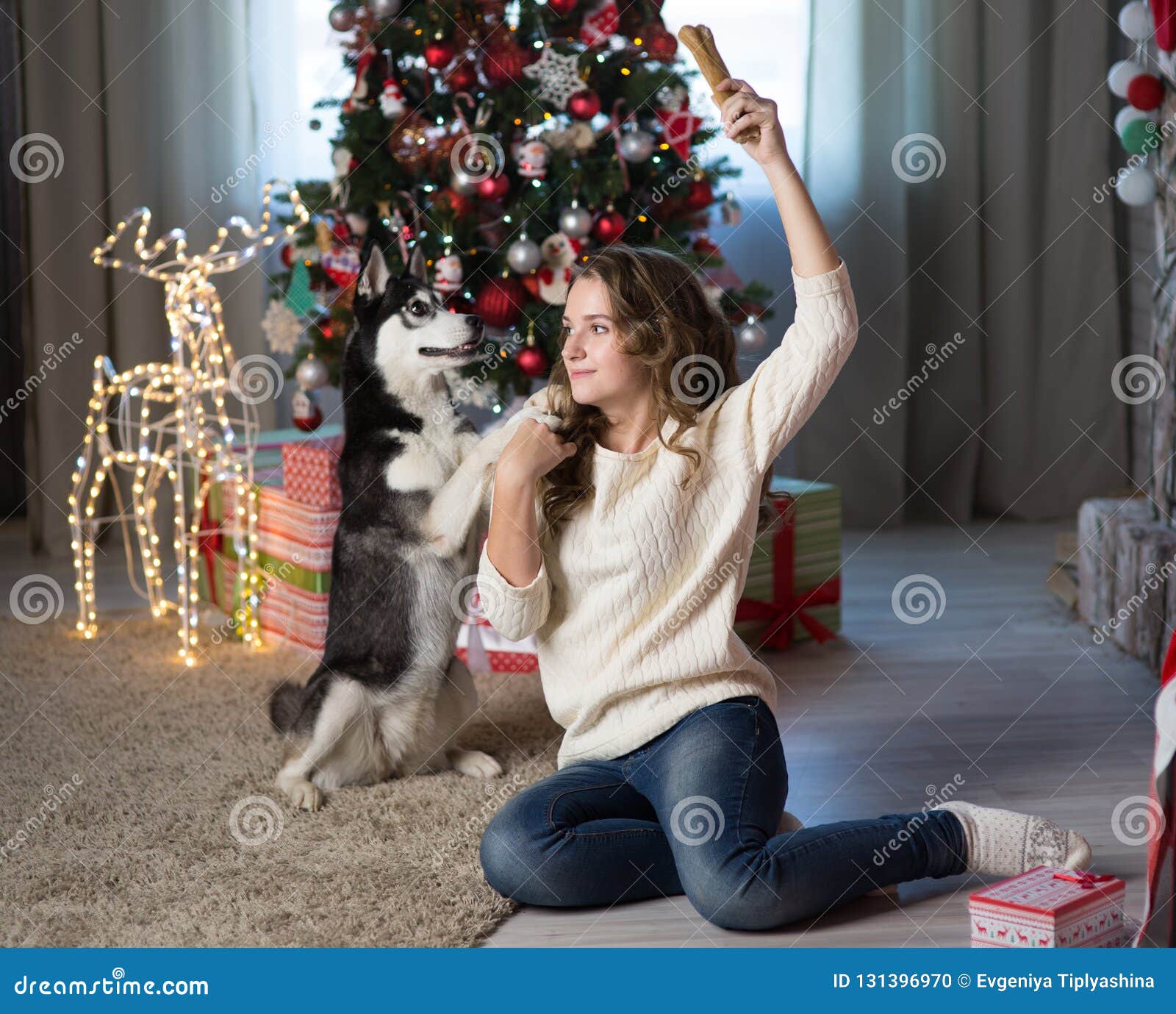 Teen Girl with Dog in a Room for Christmas Stock Photo - Image of ...