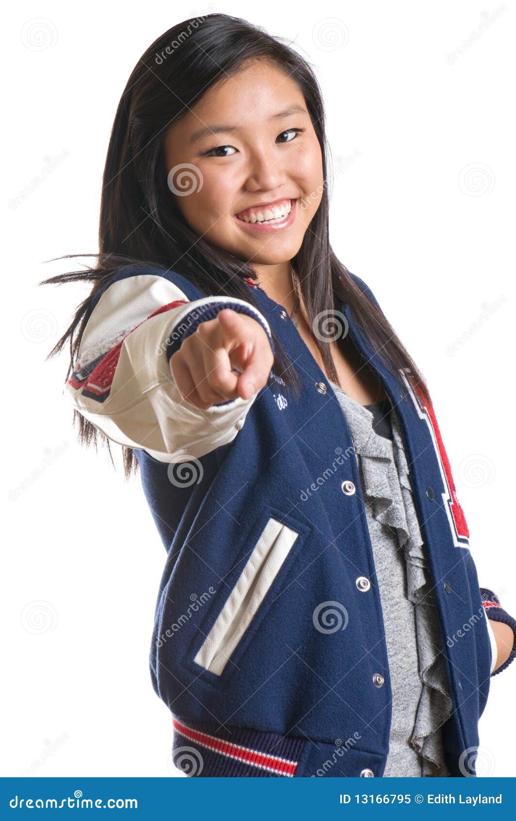 Teen Girl With Energy Wearing High School Jacket Stock 