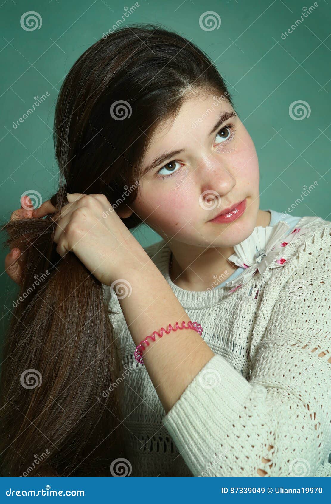 Teen Girl Plaiting Long Brown Thick Hair Stock Image Image