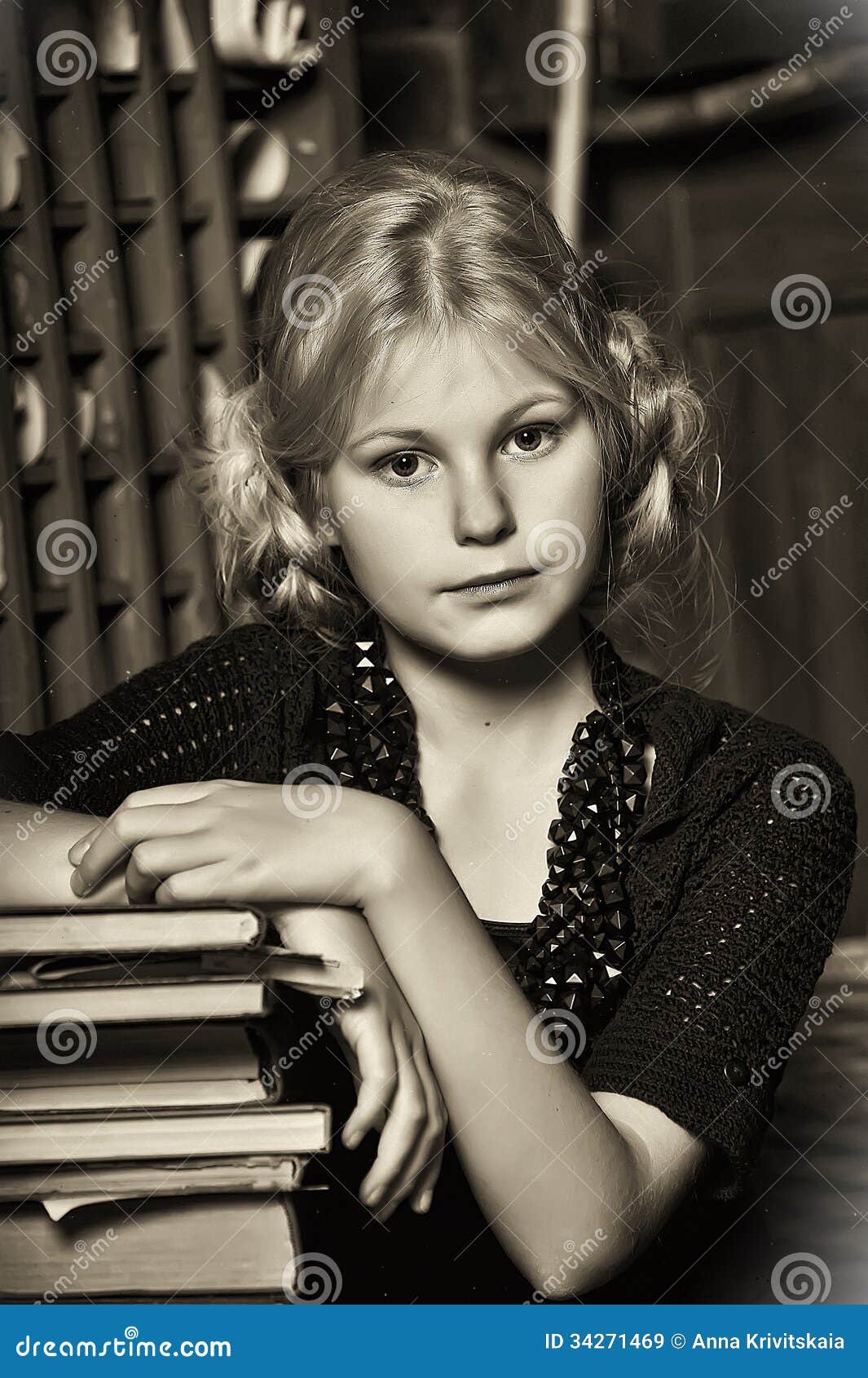 Teen Girl In Retro Style With A Stack Of Books Stock Image