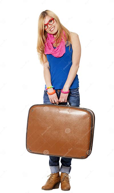 Teen Girl with Suitcase at White Background Stock Image - Image of ...
