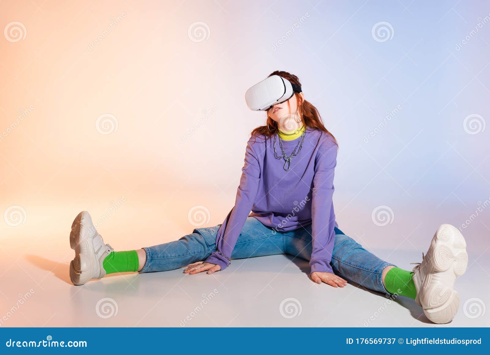 Woman In VR Headset, Information Interface Stock Photo 