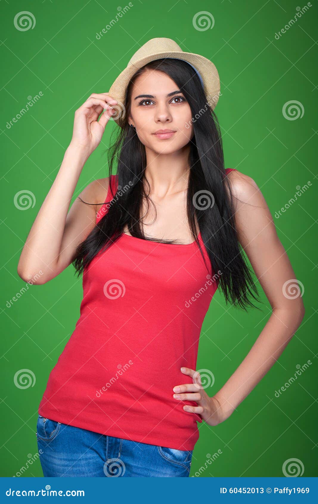 Teen Girl Wearing Straw Hat Looking Up Stock Image I