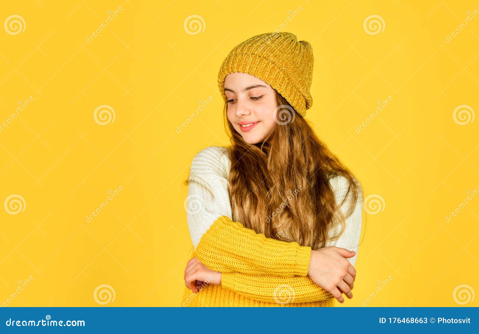 Teen Girl Yellow Wall, Copy Space. Little Girl in Knitwear. Kid Beauty ...