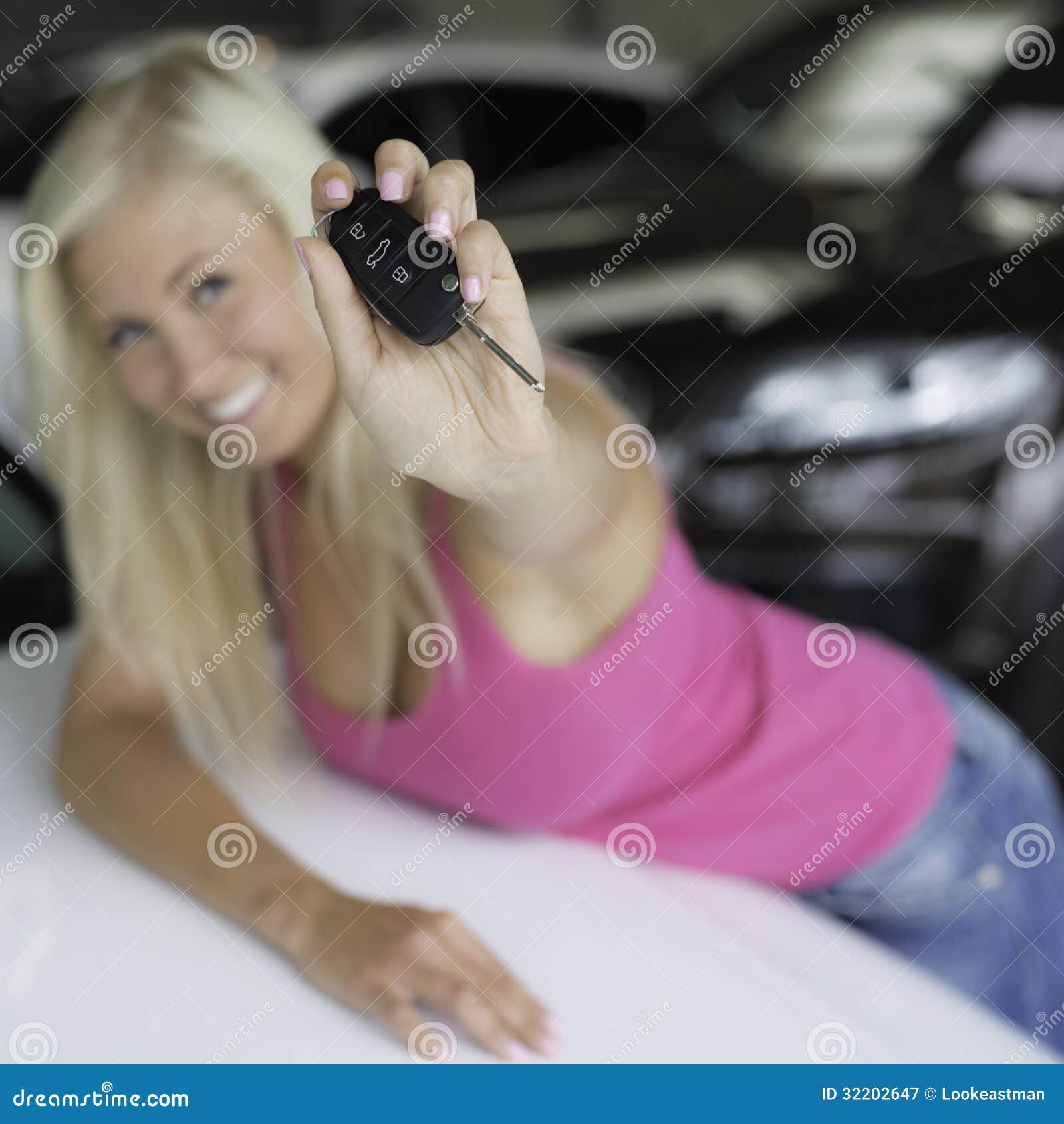 Teen in Pink Flashing Carkey Stock Image Image of auto, happy 32202647