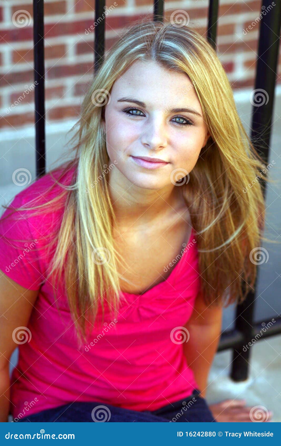 Teen Pretty Blond Girl By Fence Stock Photo Image
