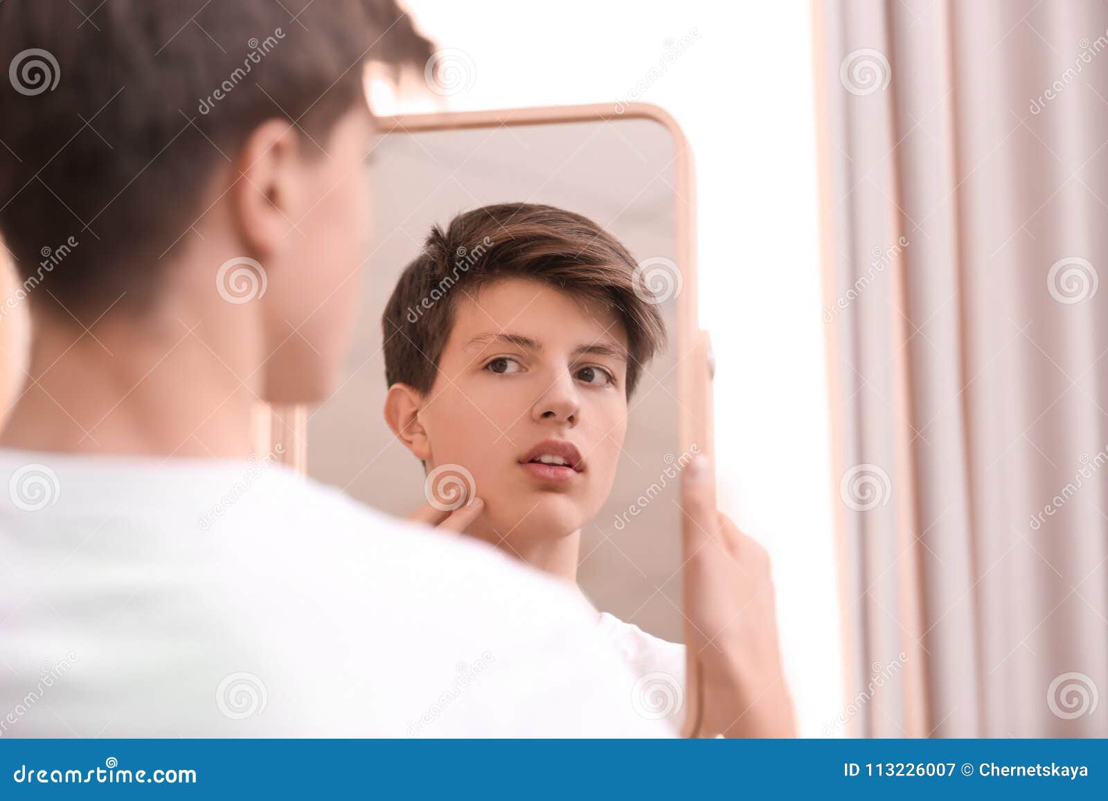 Teenage Boy with Acne Problem Looking in Mirror Stock Image Image of