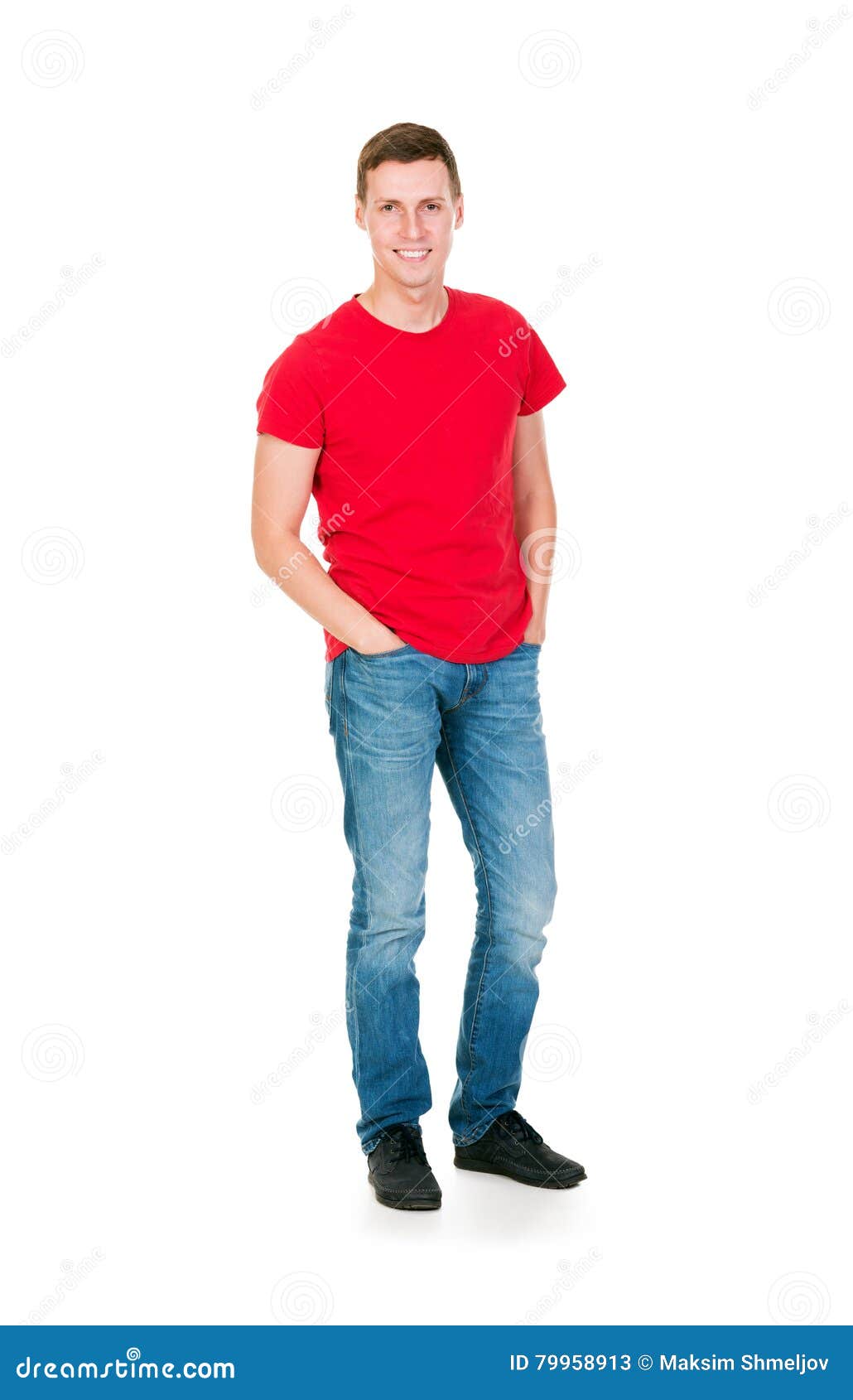 Teenage Boy in a Red Shirt and Jeans on White Stock Image - Image of ...