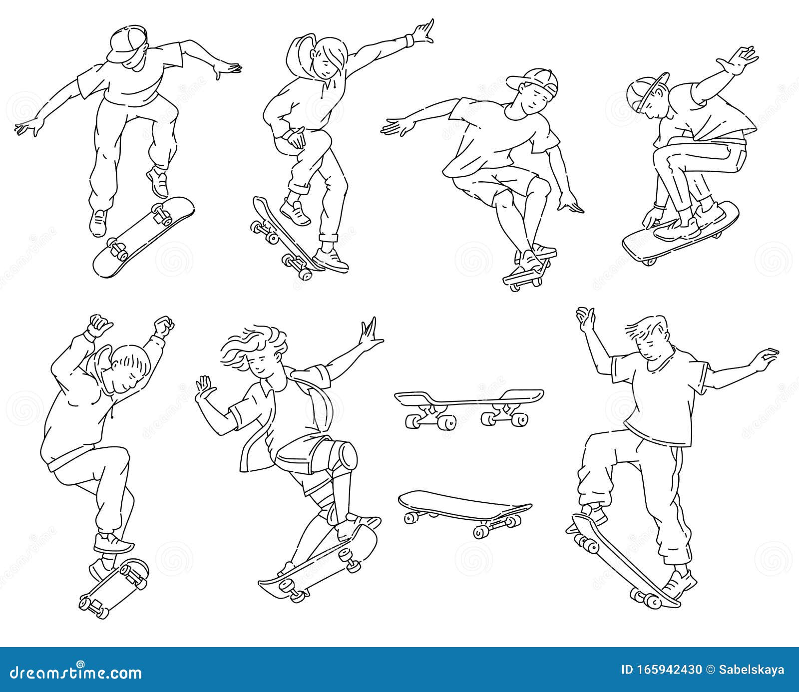 Teenage Boys Doing Skateboard Tricks - Black and White Line Art