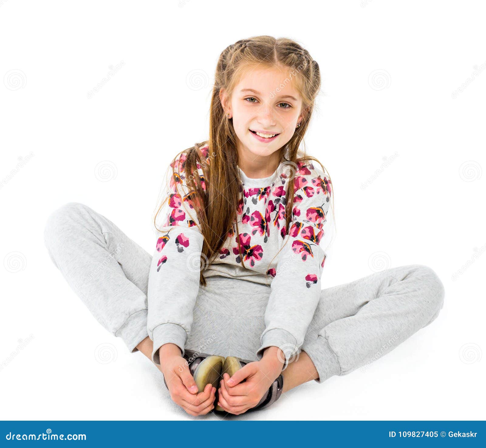 Teenage Girl Do Seated Butterfly Stretch Isolated on White Backg Stock ...