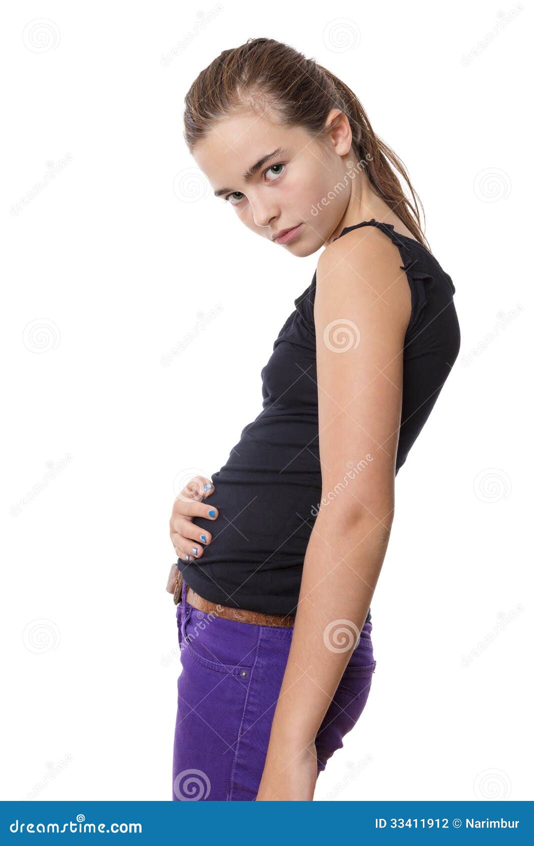 Teenage Girl Holding Here Belly, Isolated On White Stock ...
