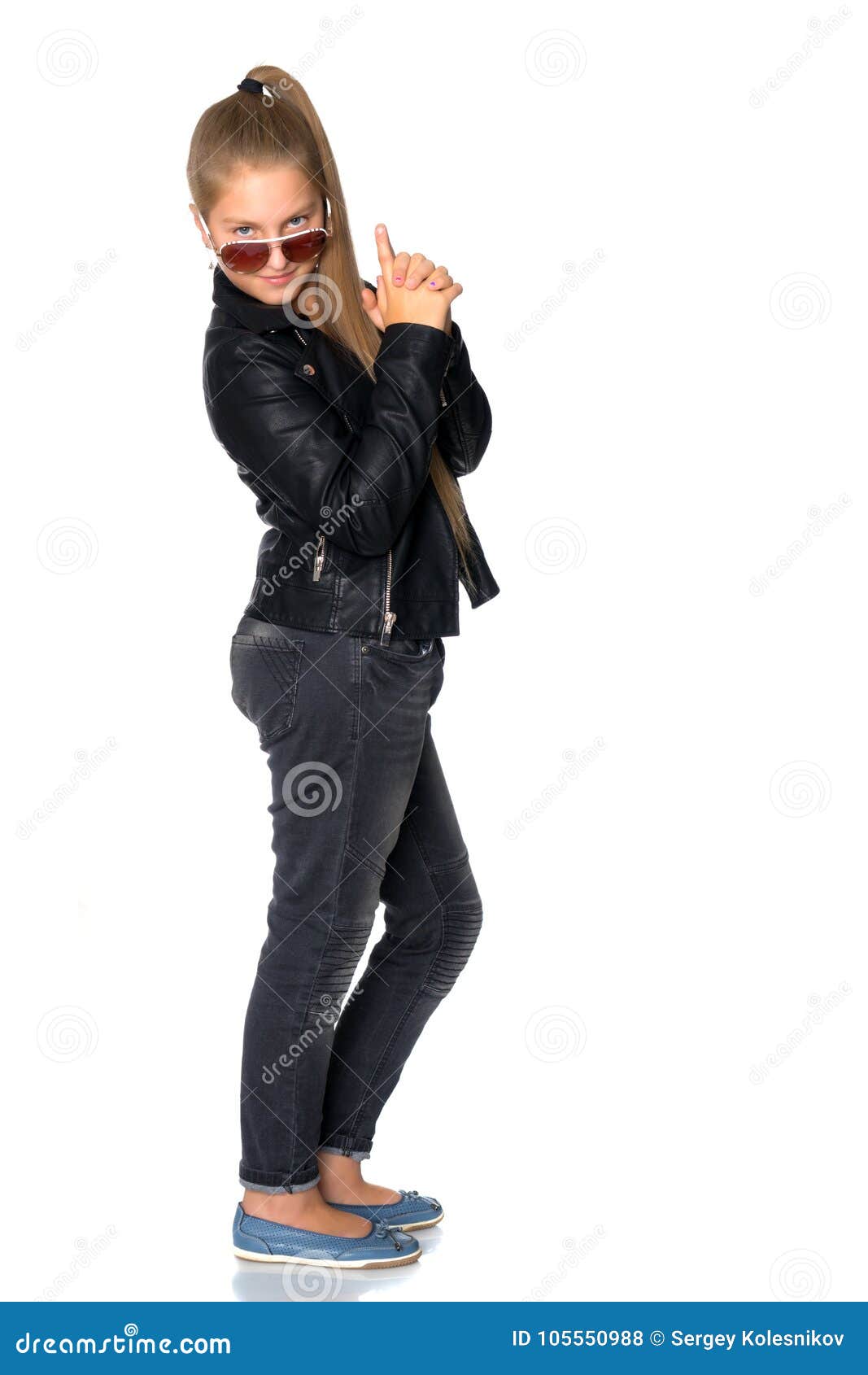 A Teenage Girl in a Leather Jacket and Glasses Stock Photo - Image of ...