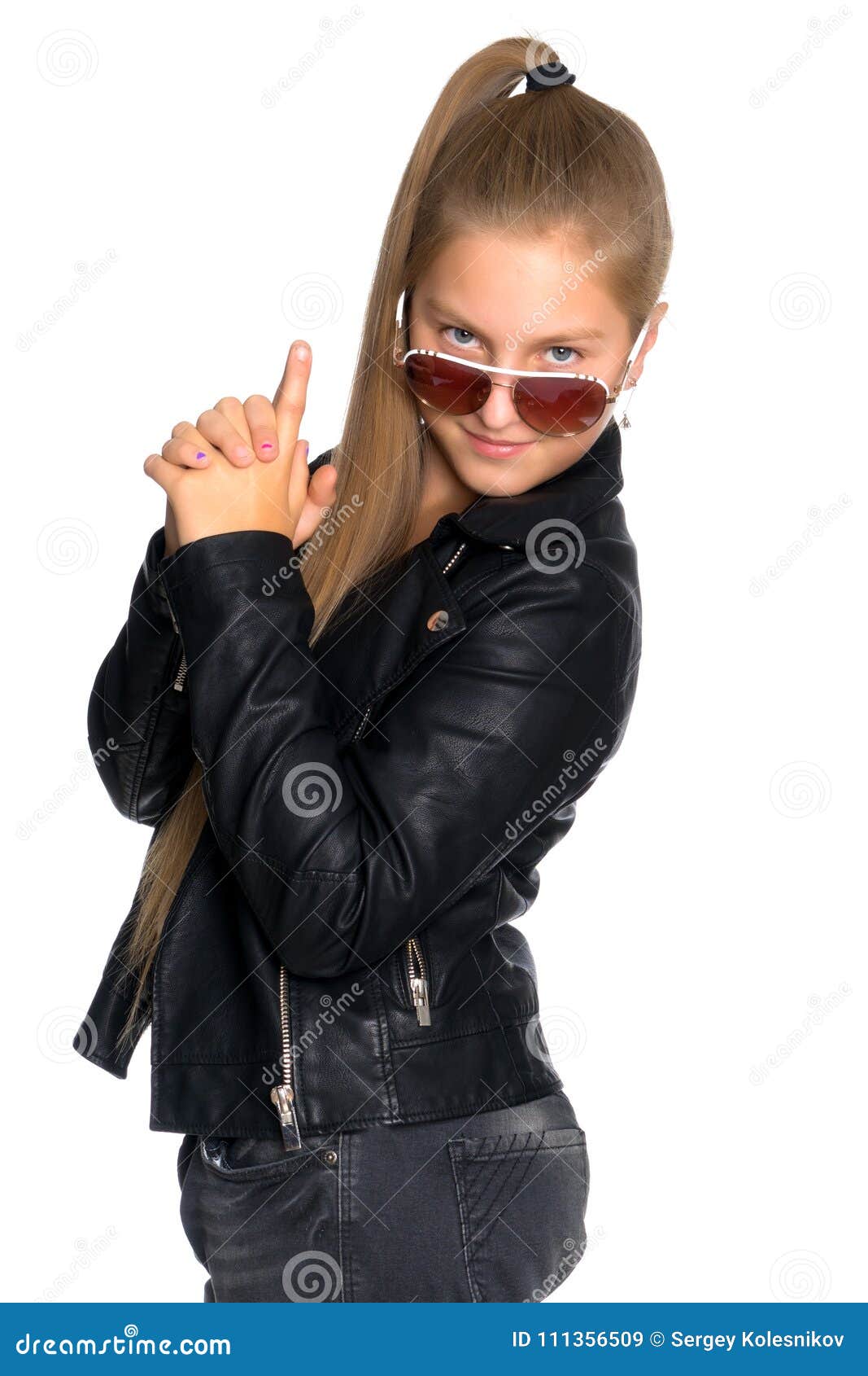 A Teenage Girl in a Leather Jacket and Glasses Stock Image - Image of ...