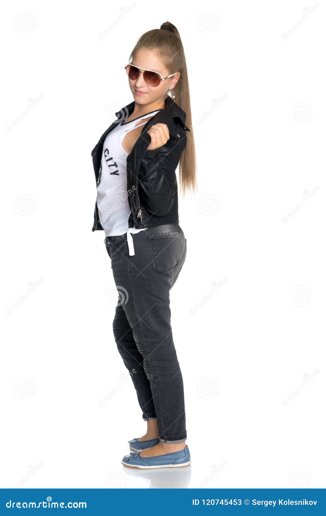 A Teenage Girl in a Leather Jacket and Glasses Stock Image - Image of ...