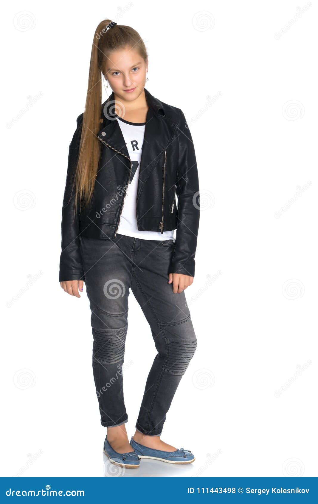 A Teenage Girl in a Leather Jacket and Jeans. Stock Photo - Image of ...