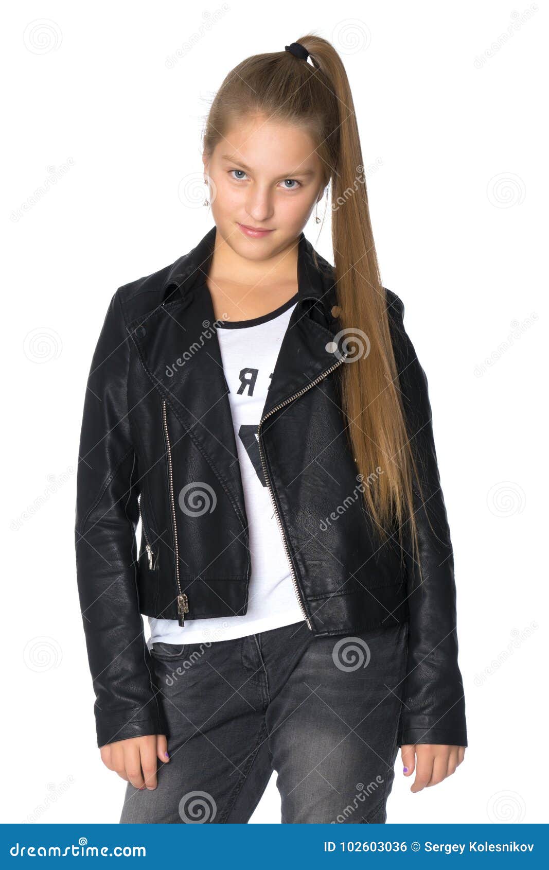 A Teenage Girl In A Leather Jacket And Jeans. Stock Photo - Image of ...