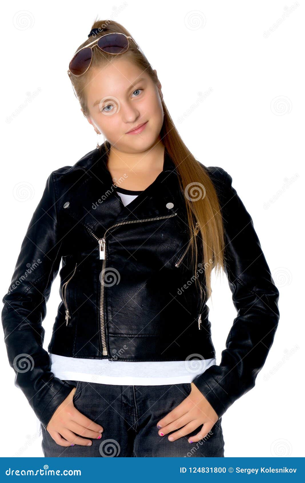 A Teenage Girl in a Leather Jacket and Jeans. Stock Photo - Image of ...