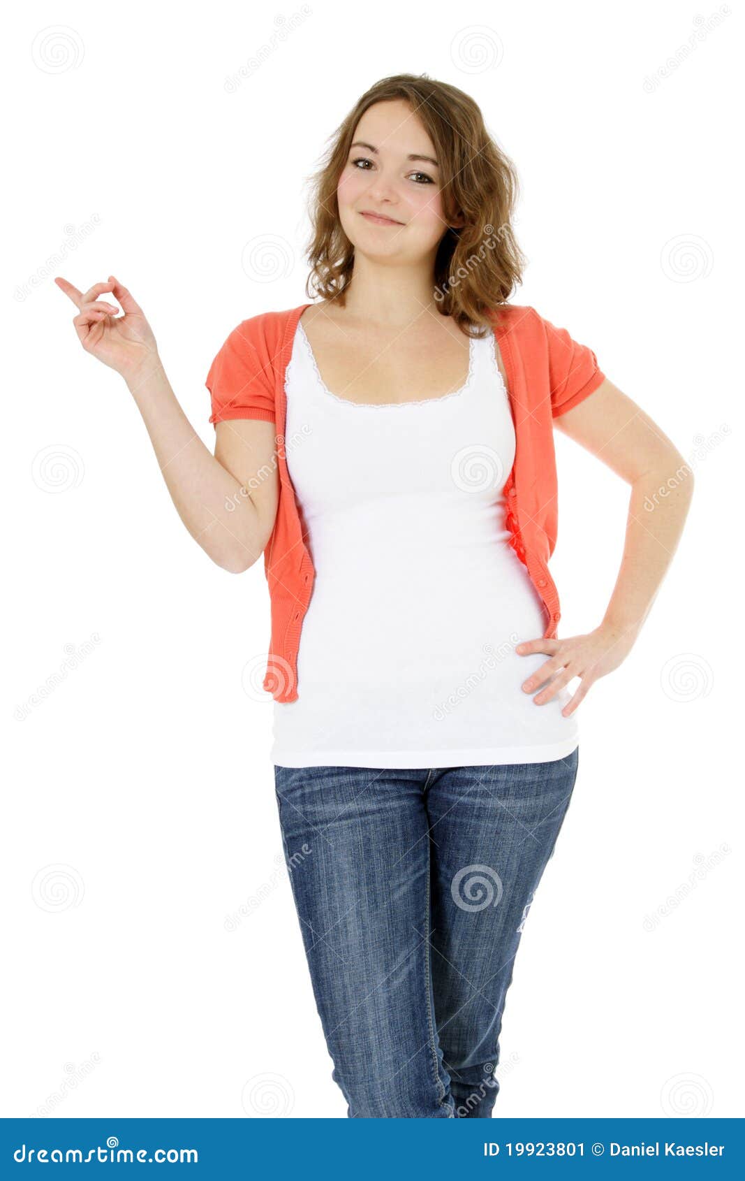 teenage girl pointing to the side