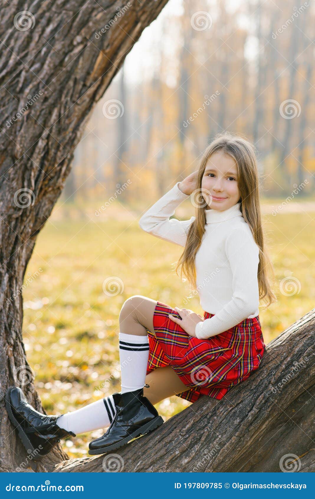 A Teenage Girl in a Red Skirt and White Sweater Sits on a Tree in an ...