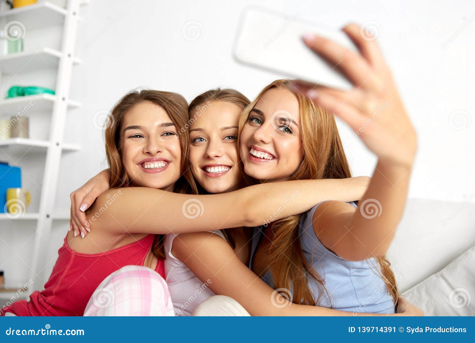 Teenage Girls Taking Selfie by Smartphone at Home Stock Image - Image ...