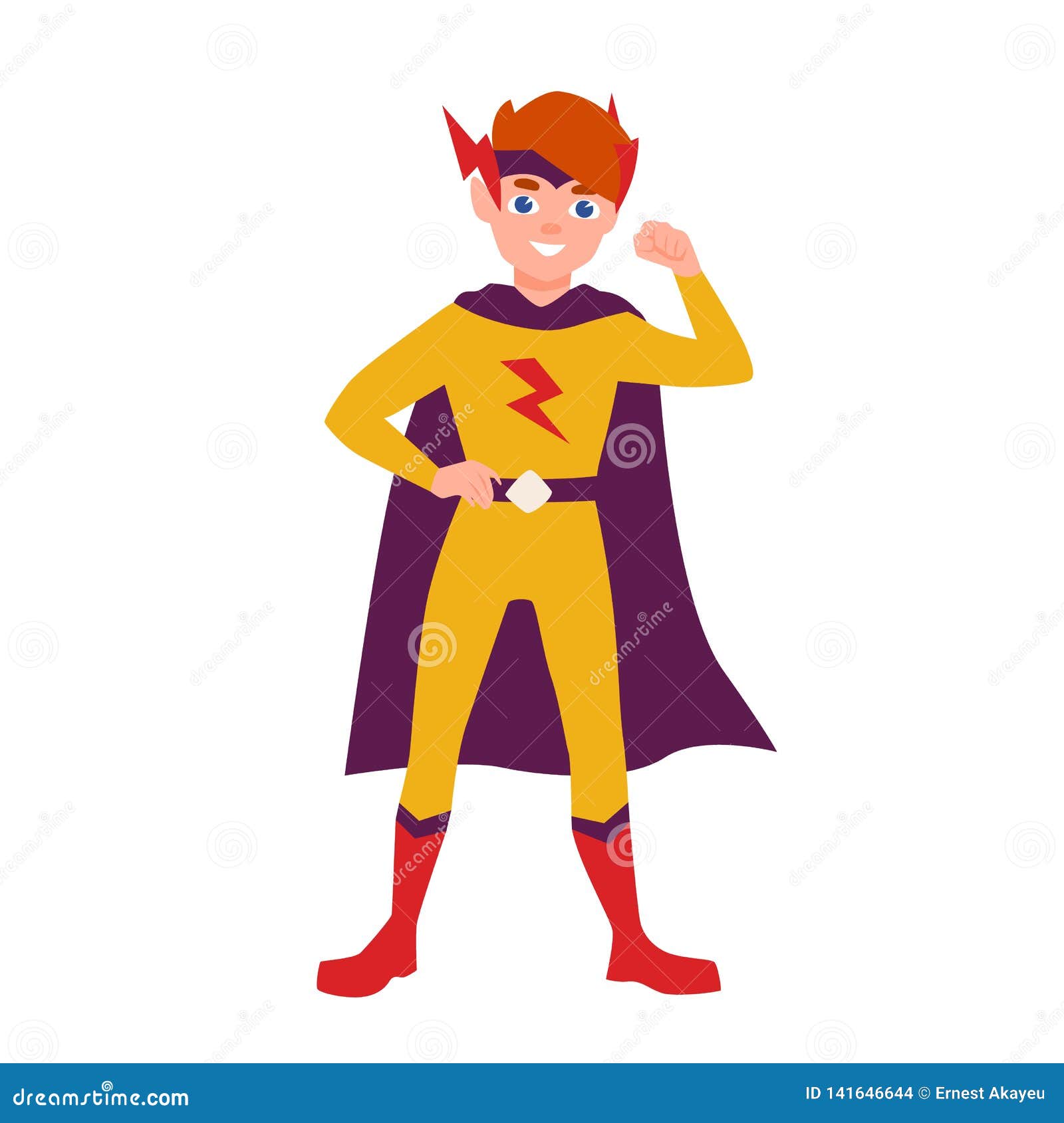 teenage superhero, superboy or superkid standing in heroic pose. young boy wearing bodysuit and cape. brave and